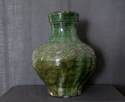 E002, Green lead-glazed Hu Vase with zoomorphic decoration, face B