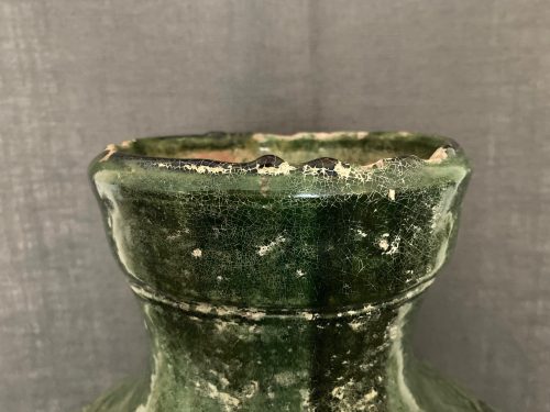 E002, Green lead-glazed Hu Vase with zoomorphic decoration, neck detail