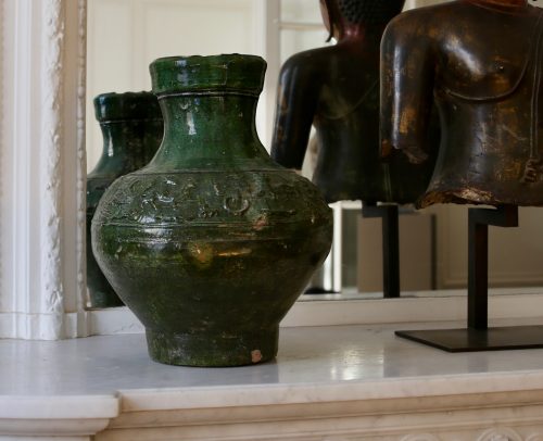 E002, Green lead-glazed Hu Vase with zoomorphic decoration, in situ
