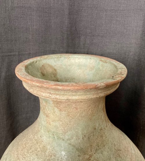 F011, Iridescent hu vase with lead glaze and taotie pattern, lip detail