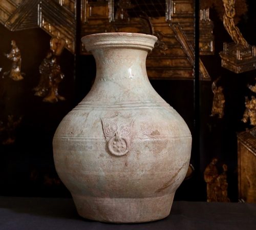 F011, Iridescent hu vase with lead glaze and taotie pattern, in situ 1