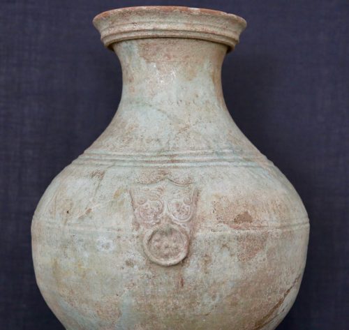 F011, Iridescent hu vase with lead glaze and taotie pattern, pushou/taotie detail