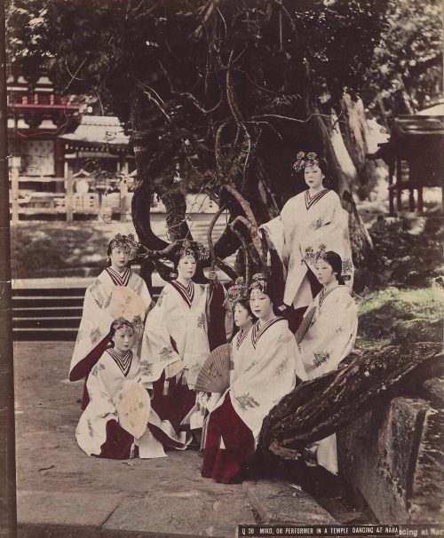 Miko réunies dans un temple, Nara